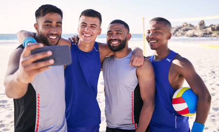 Volleyball, smile or team selfie at beach with support in sports training, exercise or fitness...