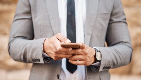 City, hands and business man with smartphone online for social media, networking and website in...