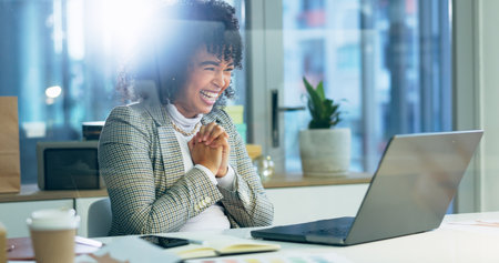 Business woman, video call and laptop in night with excited smile for negotiation, deal or success. Entrepreneur, webinar and happy for announcement, promotion or profit in dark office with computerの写真素材
