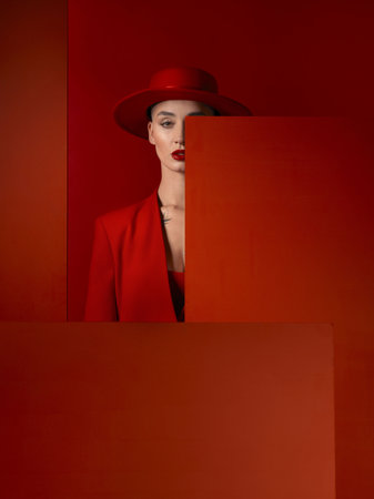 Portrait, fashion and mock up with a woman on a red studio background for marketing, advertising or branding. Luxury, aesthetic style and hat with a young female model standing with empty spaceの写真素材