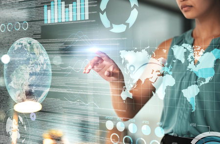 World, future and overlay with a business black woman using an ai or ux interface to access the...