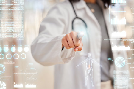 Doctor, hands and medical screen hologram, biometric data and healthcare dashboard for futuristic technology. Professional person press, fingerprint and anatomy research, results and clinic overlayの写真素材