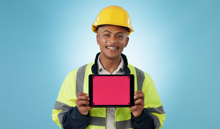 Engineering man, tablet screen and mockup for industrial presentation of renovation, architecture or...