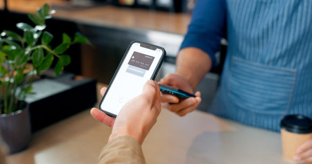 Fintech, phone or hands of customer in cafe with cashier for shopping, sale or payment in checkout....