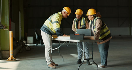Planning, laptop or factory people, architect or team cooperation on manufacturing design,...