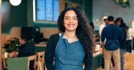 Portrait, happy woman and waitress in coffee shop, store or restaurant for retail service. Face,...
