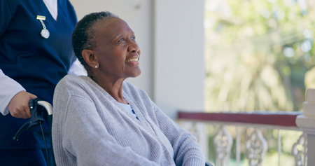 Woman, person with disability or wheelchair for help, balcony or support with smile, nurse or old....