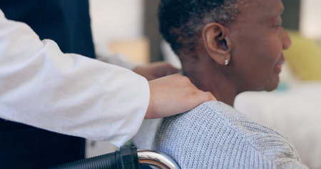 Woman, person with disability and retirement home for help, care or support with closeup, nurse or...