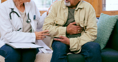 Doctor, senior man and hand on chest for cardiology exam, consulting or advice for pain on sofa....