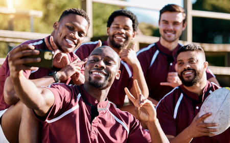 Selfie, rugby team and men with phone smile ready for exercise, sports training and workout on...