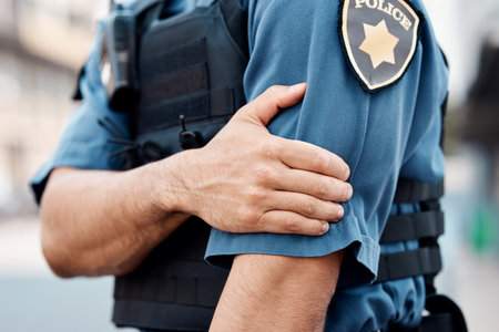 Man, police and arm injury in city from accident, gun shot or pain in discomfort outdoors. Closeup...