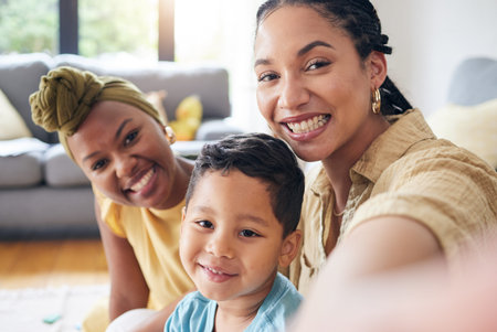 Lesbian, women and boy in family selfie, smile and care with portrait, post and web blog on floor in...