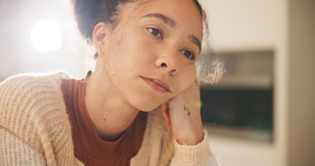 Home, thinking and woman with depression, sad and calm with anxiety, burnout and stress. Person,...