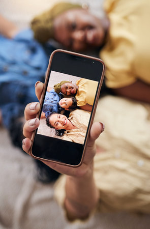 Woman, lesbian couple and child in selfie on floor for social media, photography or online post...