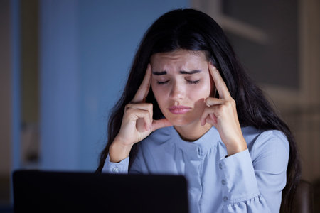 Business woman, stress and headache with burnout, corporate fatigue and laptop glitch with mental...