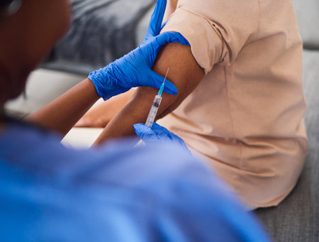 Hands, nurse and needle for arm vaccine, medical and healthcare treatment for virus safety, flu and...