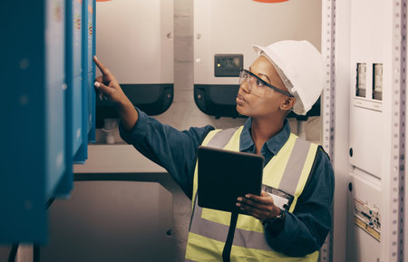 Engineering, black woman or electrician on tablet for maintenance, server or machine board system....