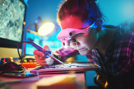 Woman, computer motherboard and soldering iron for manufacturing, microchip and it development....
