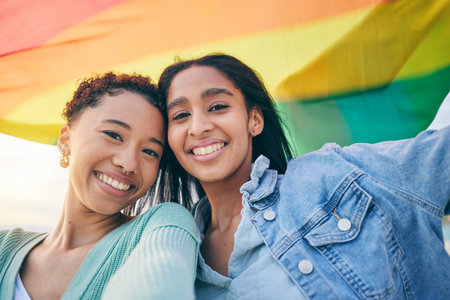 Portrait, happy couple and lesbian with women in selfie, pride flag and lgbt relationship with happiness. Female people smile in picture, gen z youth and gay equality, support and trust with partnerの写真素材