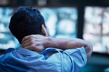 Security, injury and man with neck pain at work from anxiety, surveillance burnout or stress....
