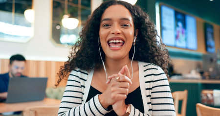 Woman, happy portrait or hands for video call in restaurant, online conference or remote work for...