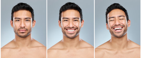 If you not doing it already, create a skincare routine that works for you. Composite shot of a handsome young man posing against a grey background.の写真素材