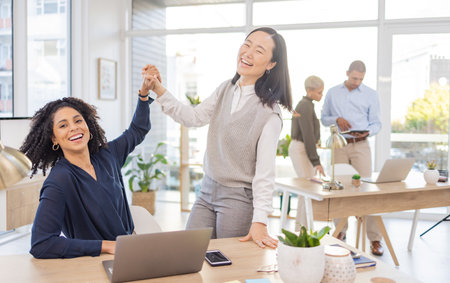 Business women, high five and portrait of team celebrate success or target achievement in office. Diversity people or employee and mentor or manager with hands for goal, teamwork and collaborationの写真素材