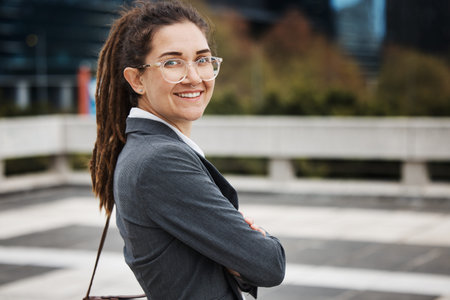 Business, city and portrait of woman with crossed arms on morning commute, journey and travel....