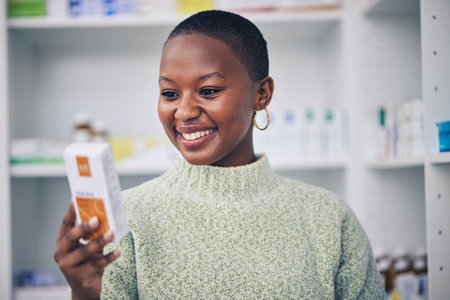 Happy black woman, customer and box of medicine for medical medication at the pharmacy. African...