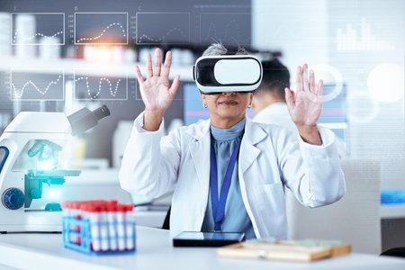 Senior scientist, woman with virtual reality and digital science data for medical research in lab with overlay. Dashboard, female doctor and experiment results and metaverse, investigation and graphsの写真素材