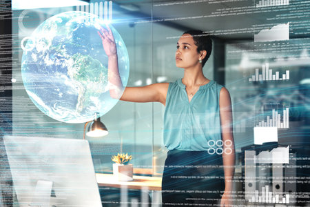 World, virtual reality or overlay with a business black woman using a ai ux interface to access...