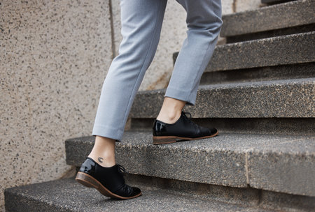 Walking, shoes and business woman on steps for morning commute, journey and travel. Professional goals, city and closeup of female person for career, work and job progress in urban town by buildingの写真素材