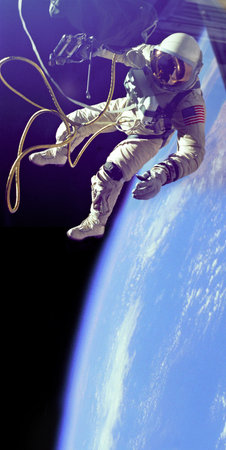 Astronaut, person in outer space and Earth, universe and aerospace with cable, engineering and...