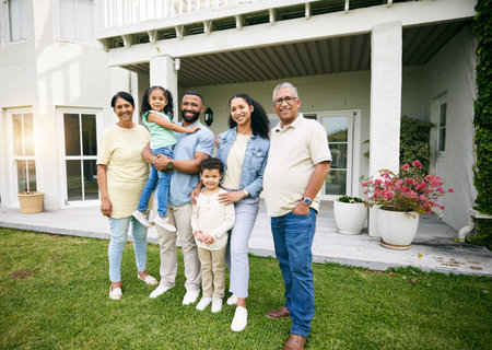 Family, outdoor home and portrait of children, grandparents and mother with father for real estate...