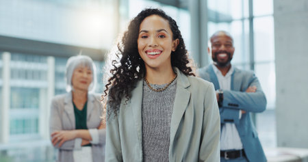 Portrait, group and woman in a workshop, business people and conference with confidence, consultant...