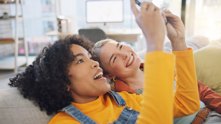 Girl friends, selfie and living room sofa in home with smile, memory and relax together with social...