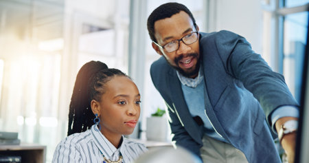 Computer, black woman and manager training intern or coaching employee and helping with project,...