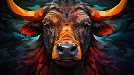 Colourful geometric illustration of a bull. Poly graphic on black background.の素材