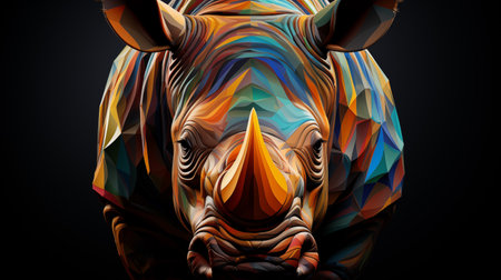 Multicolor geometric illustration of a Rhino. Colourful poly graphic on black background.の素材