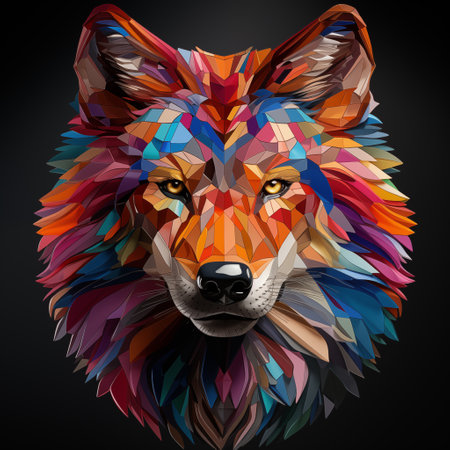 Multicolor geometric shape illustration of wolf. Colourful poly graphic on black background.の素材