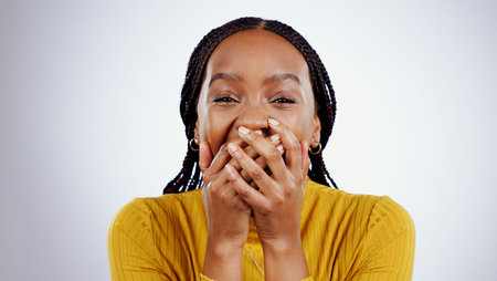 Portrait, surprise and black woman with news, announcement and reaction on a white studio...