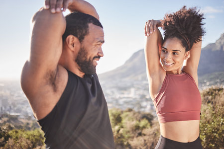 Fitness, exercise and stretching with a black couple outdoor, getting ready for a workout in nature...
