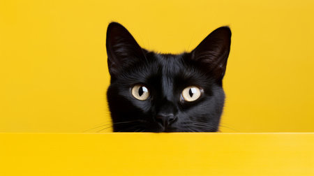 Curious black cat looking across table, yellow background.の素材
