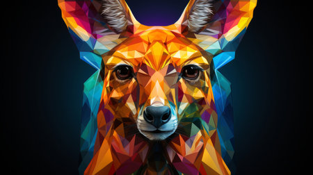 Multicolor geometric illustration of a kangaroo. Colourful poly graphic on black background.の素材