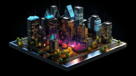 Isometric city virtual reality city design. 3d design and render on a black backgroundの素材