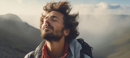 Close-up of a man breathing in fresh air on hiking trail or meditation for mental healthの素材