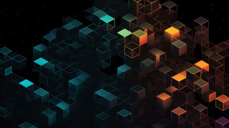 Squares and neon lines and glowing background. Futuristic illustration abstract 3d designの素材