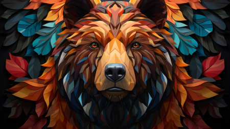 Colourful geometric illustration of a bear. Poly graphic on black background.の素材
