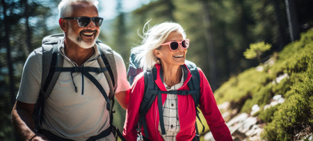 Senior couple hike and fitness. Happy mature couple enjoying a hike and explore in natureの素材