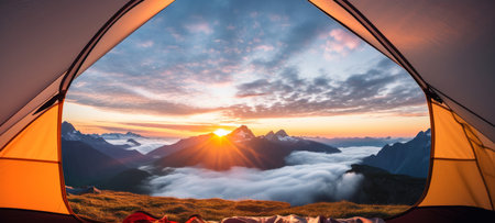 A camping tent in a nature. Mountain sunset or sunrise view from inside the tentの素材
